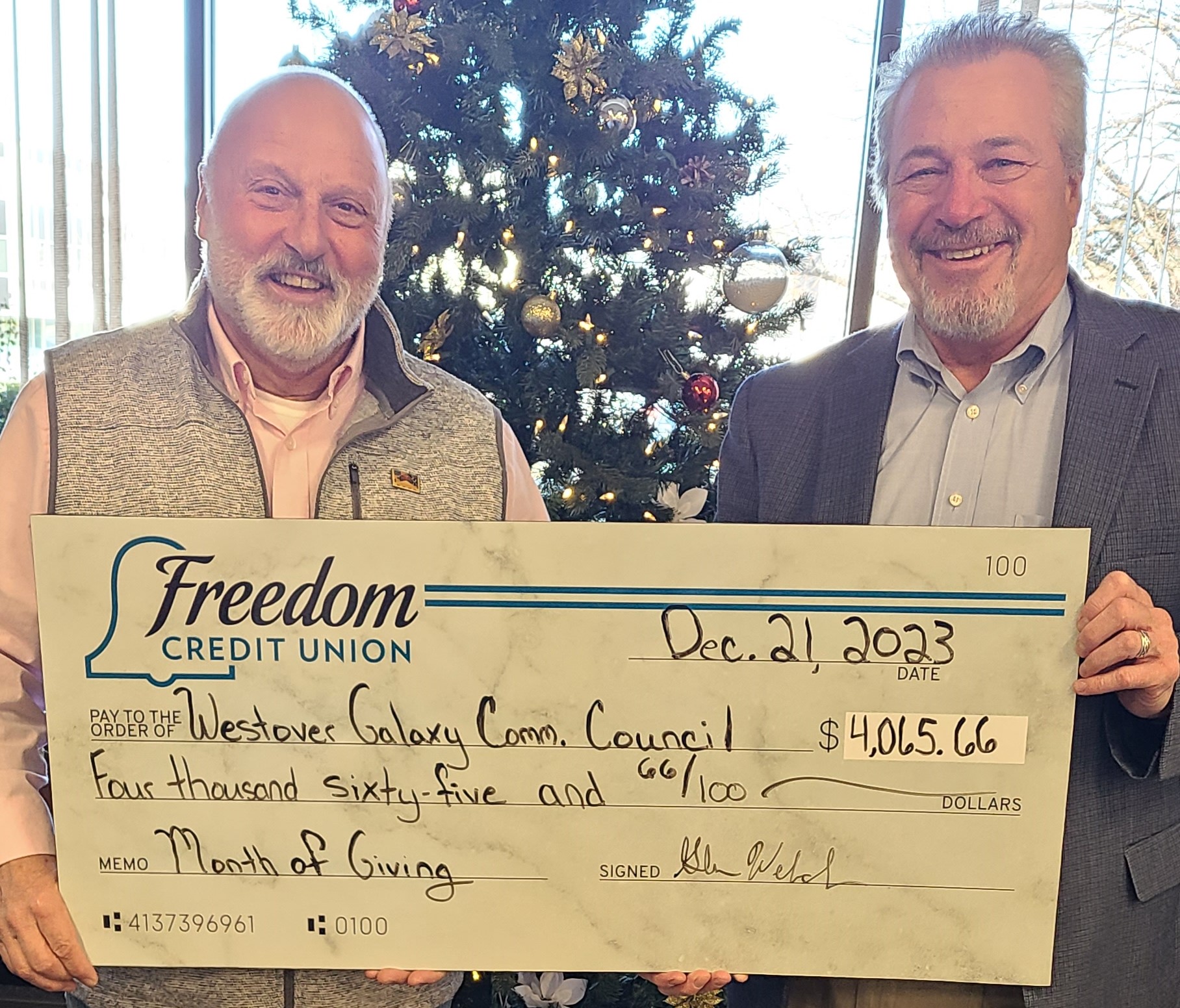Freedom Credit Union Donates to Westover Galaxy Council